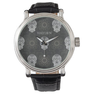 Gothic Sugar Skull en Grey Geometric Pattern Horloge