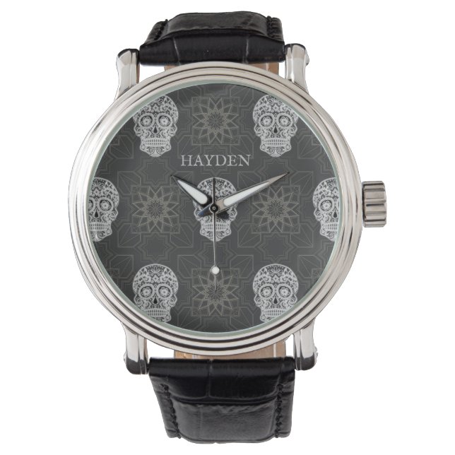 Gothic Sugar Skull en Grey Geometric Pattern Horloge (Voorkant)
