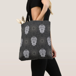 Gothic Sugar Skull en Grey Geometric Pattern Tote Bag