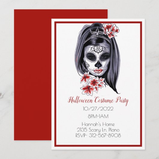 Gothic Sugar Skull Girl Halloween Invitation Kaart (Voorkant / Achterkant)