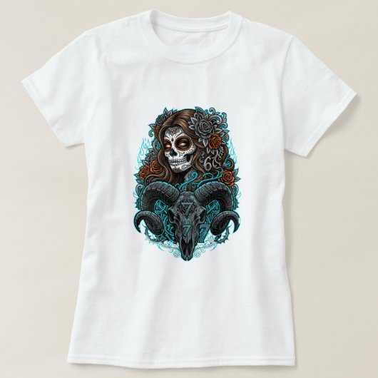 Gothic Suiker Schedel Vrouw & Ram Schedel T-Shirt (Design voorkant)