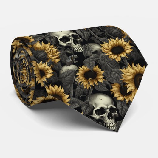 Gothic Sunflower Skull Patroon Stropdas (Opgerold)