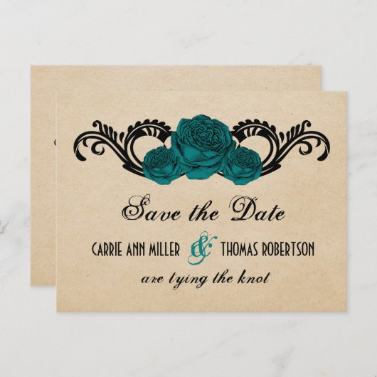 Gothic Swirl Rozen Save the Date Briefkaart, Blauw Aankondigingskaart (Voorkant / Achterkant)