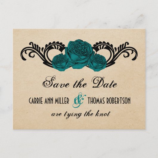 Gothic Swirl Rozen Save the Date Briefkaart, Blauw Aankondigingskaart (Voorkant)