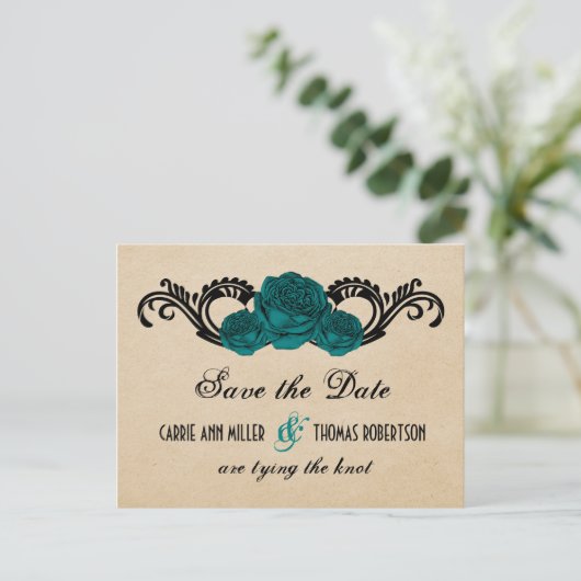 Gothic Swirl Rozen Save the Date Briefkaart, Blauw Aankondigingskaart (Staand voorkant)