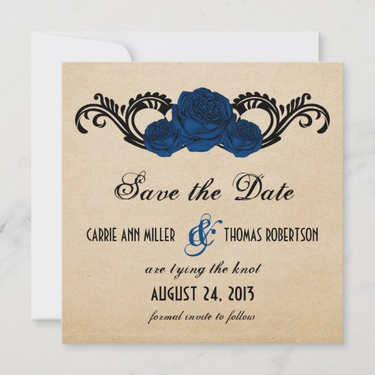 Gothic Swirl Rozen Save the Date Invite, Blue (Voorkant)