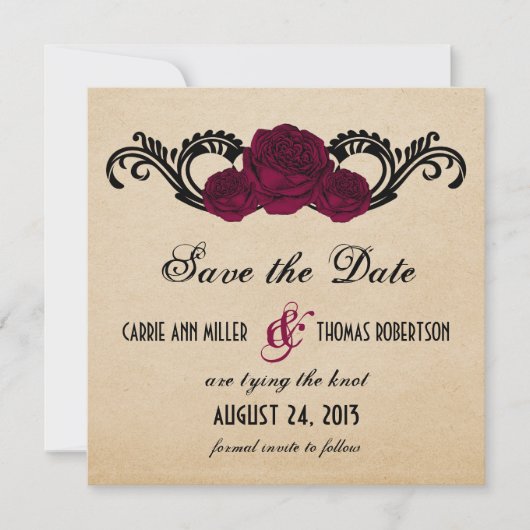 Gothic Swirl Rozen Save the Date Invite, Fuchsia (Voorkant)