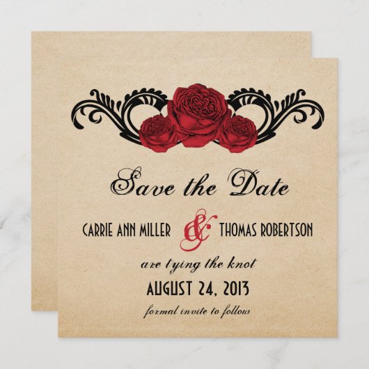 Gothic Swirl Rozen Save the Date Invite, Red (Voorkant / Achterkant)