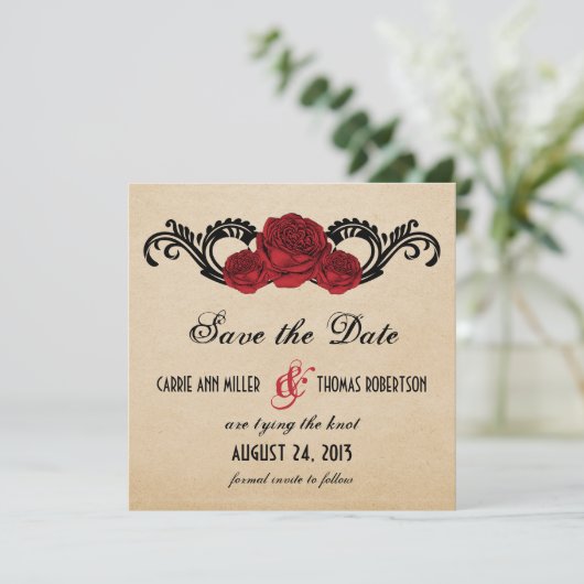 Gothic Swirl Rozen Save the Date Invite, Red (Staand voorkant)