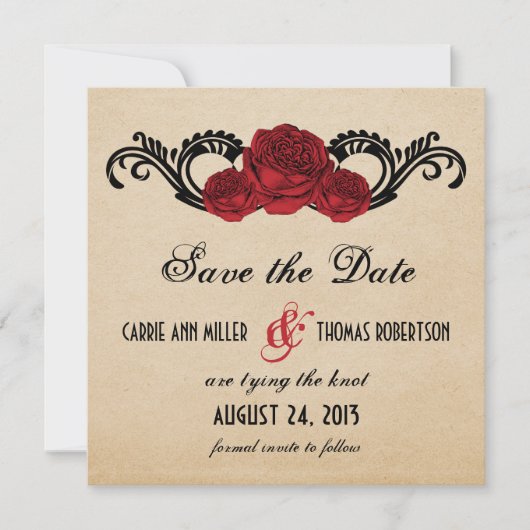 Gothic Swirl Rozen Save the Date Invite, Red (Voorkant)