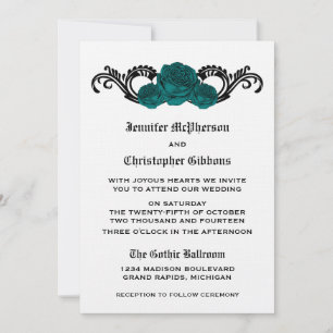 Gothic Swirl Rozen Wedding Invite, Blauwgroen Kaart