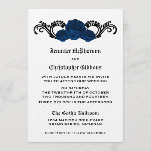 Gothic Swirl Rozen Wedding Invite, Blue Kaart