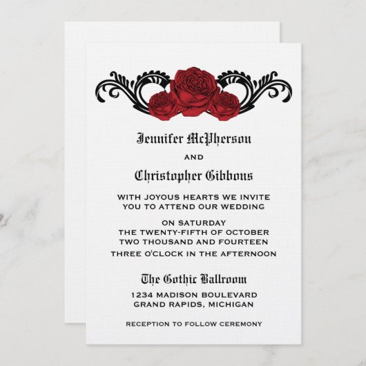 Gothic Swirl Rozen Wedding Invite, Red Kaart (Voorkant / Achterkant)