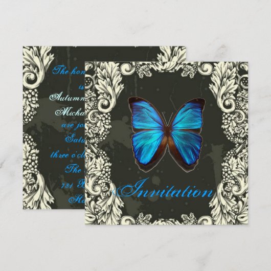 Gothic Swirls Blauwe Vlinder Steampunk Bruiloft Kaart (Voorkant / Achterkant)