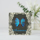 Gothic Swirls Blauwe Vlinder Steampunk Bruiloft Kaart (Staand voorkant)