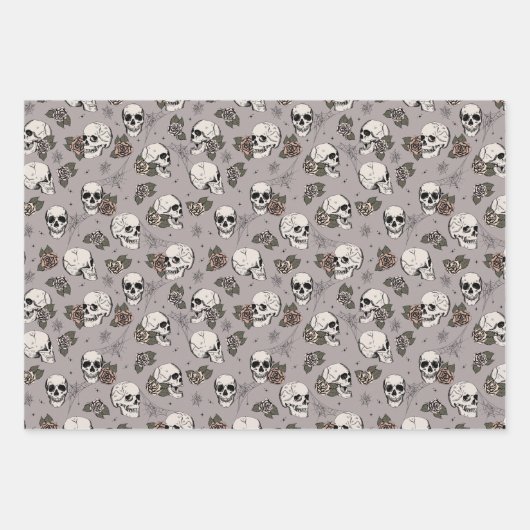 Gothic Taupe Grijze Schedels en Strepen Halloween Inpakpapier Vel (Voorkant 3)