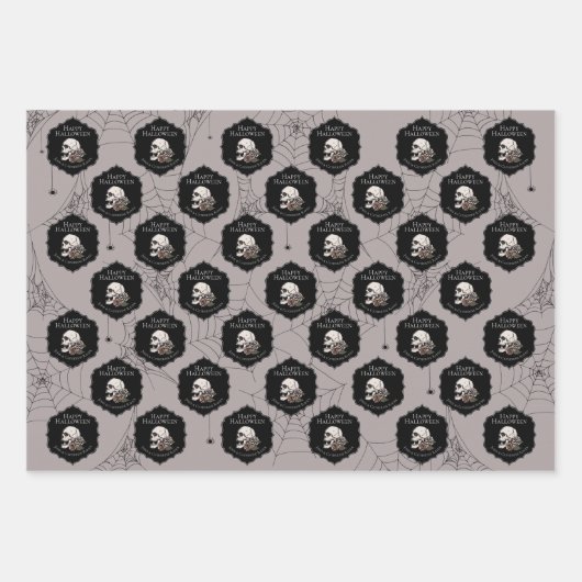 Gothic Taupe Grijze Schedels en Strepen Halloween Inpakpapier Vel (Voorkant)
