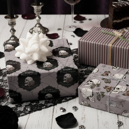 Gothic Taupe Grijze Schedels en Strepen Halloween Inpakpapier Vel