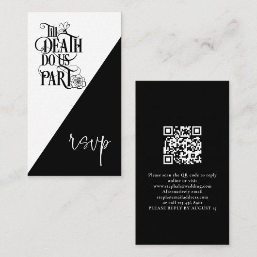 Gothic Til Death Us Do Part QR Zwart Bruiloft RSVP Informatiekaartje (Voorkant / Achterkant)