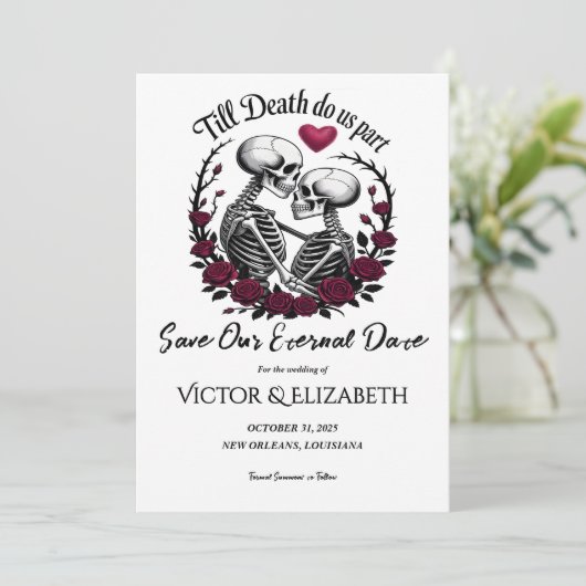 Gothic Till Death Do Us Part Skeleton Roos bruilof Save The Date (Staand voorkant)
