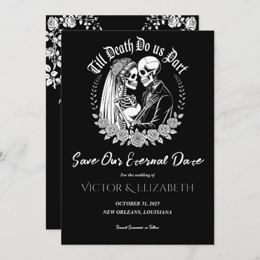 Gothic Till Death Zwart Elegant Skeleton Wedding Save The Date (Voorkant / Achterkant)