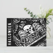 Gothic Tombstone Skull and Wings Halloween Party Kaart (Staand voorkant)
