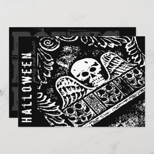 Gothic Tombstone Skull and Wings Halloween Party Kaart (Voorkant / Achterkant)