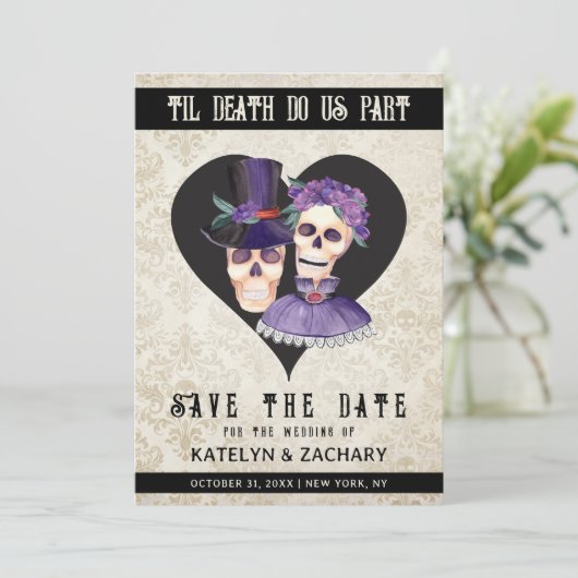 Gothic tot de dood maken ons deel van het skelet save the date (Staand voorkant)