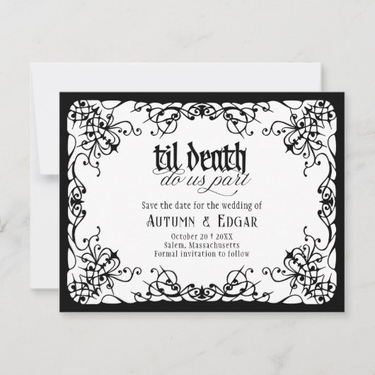 Gothic Tot in het Wit Zwart Bruiloft Save The Date (Voorkant)