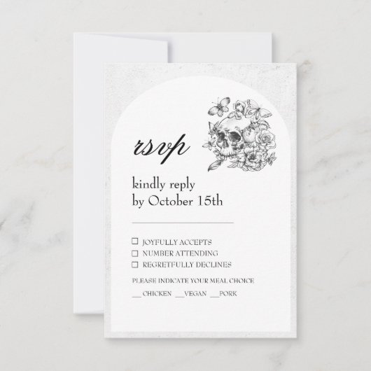 Gothic Trouw Schedel Tot de Dood Ons Scheidt RSVP Kaartje (Voorkant)