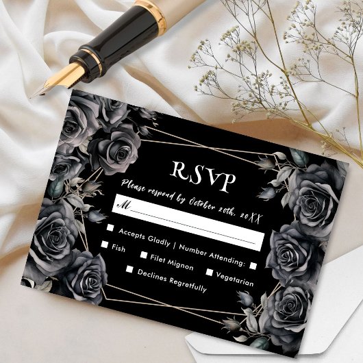 Gothic Trouwkaart  Zwarte Donkere Bloemrijke RSVP 