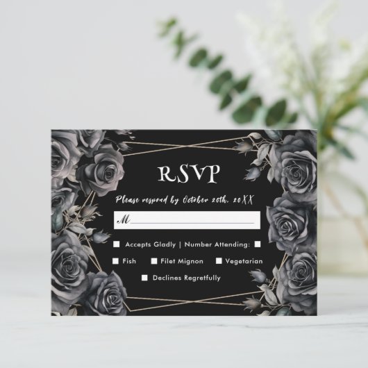 Gothic Trouwkaart  Zwarte Donkere Bloemrijke RSVP  (Staand voorkant)