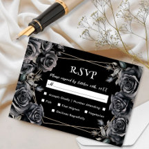 Gothic Trouwkaart  Zwarte Donkere Bloemrijke RSVP 