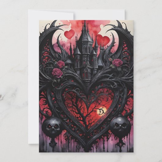 Gothic Valentine Red Hearts Black Castle Feestdagenkaart (Voorkant)