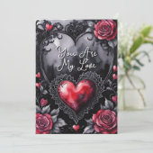 Gothic Valentine Red Hearts Black Lace & Roses Feestdagenkaart (Staand voorkant)