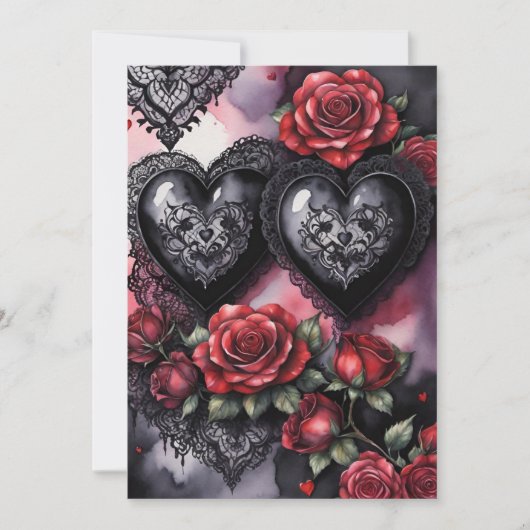 Gothic Valentine Red Hearts Black Lace & Roses Feestdagenkaart (Voorkant)