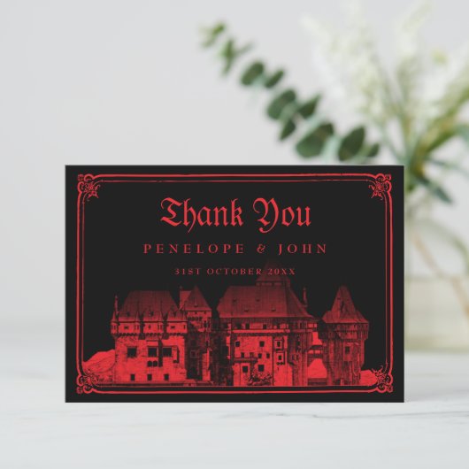 Gothic Vampire Castle Black Red Wedding Bedankkaart (Staand voorkant)