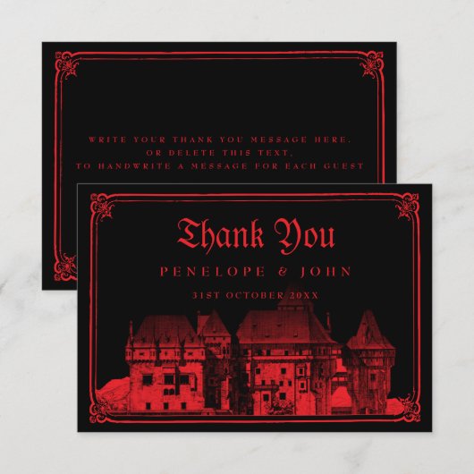 Gothic Vampire Castle Black Red Wedding Bedankkaart (Voorkant / Achterkant)