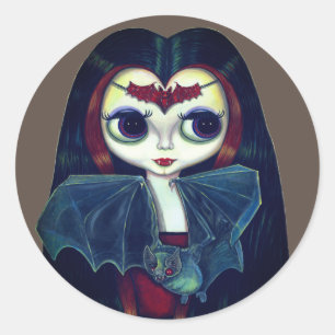 Gothic Vampire Girl met Bat Big Eyes Cute Ronde Sticker