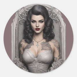 Gothic Vampiress in Venster Lijst Ronde Sticker