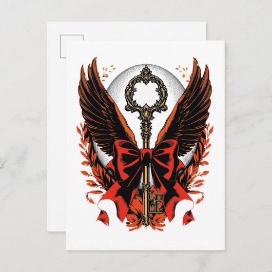 Gothic Velvet Bow Key met vleugels en maan Aankondigingskaart (Voorkant / Achterkant)