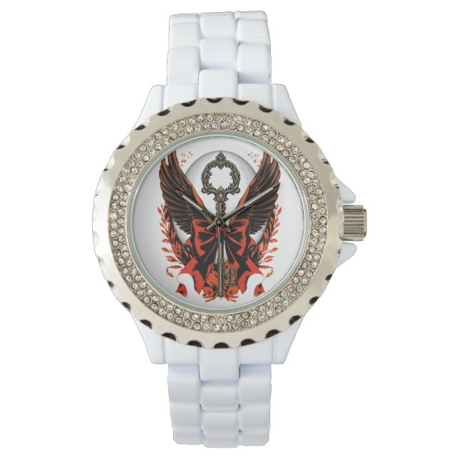 Gothic Velvet Bow Key met vleugels en maan Horloge (Voorkant)