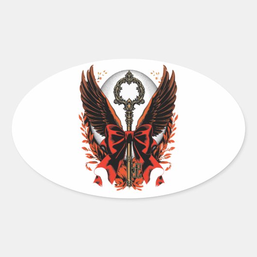 Gothic Velvet Bow Key met vleugels en maan Ovale Sticker (Voorkant)