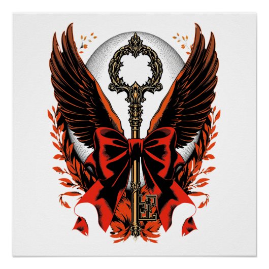 Gothic Velvet Bow Key met vleugels en maan Perfect Poster (Voorkant)