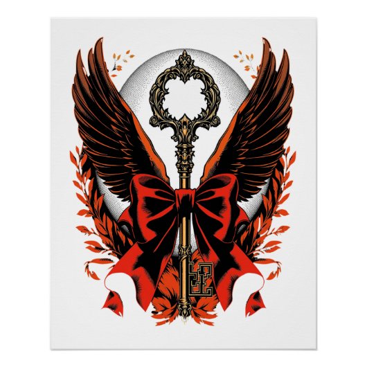 Gothic Velvet Bow Key met vleugels en maan Perfect Poster (Voorkant)