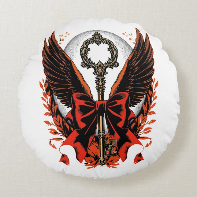 Gothic Velvet Bow Key met vleugels en maan Rond Kussen (Voorkant)