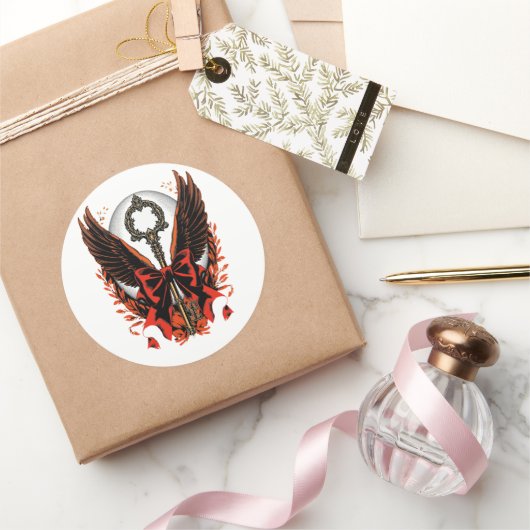 Gothic Velvet Bow Key met vleugels en maan Ronde Sticker (Geschenken)