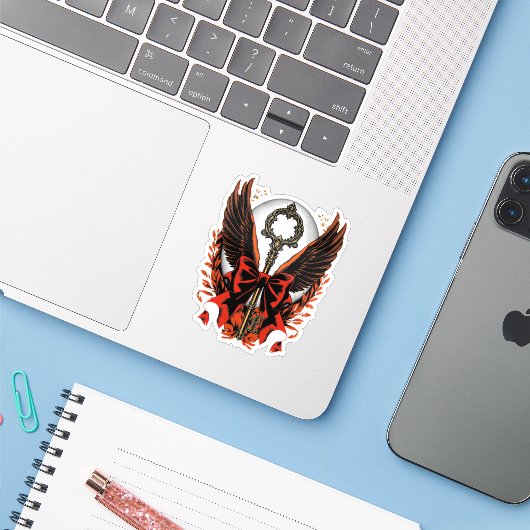 Gothic Velvet Bow Key met vleugels en maan Sticker (Laptop met iPhone)