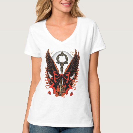 Gothic Velvet Bow Key met vleugels en maan T-shirt (Voorkant)
