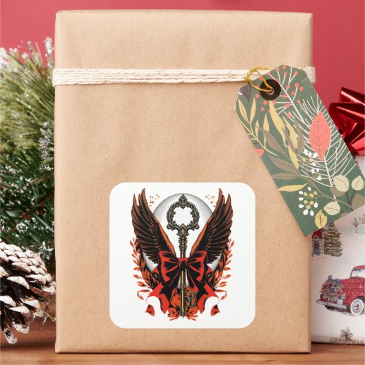 Gothic Velvet Bow Key met vleugels en maan Vierkante Sticker (Feestdagen)